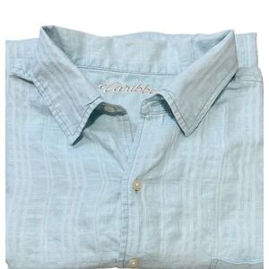 Caribbean Button Down Shirt Men 2XB Light Blue Linen Blend Textured Tropical